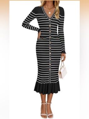 Sandro Paris Black and White Striped Button-Front Midi Dress